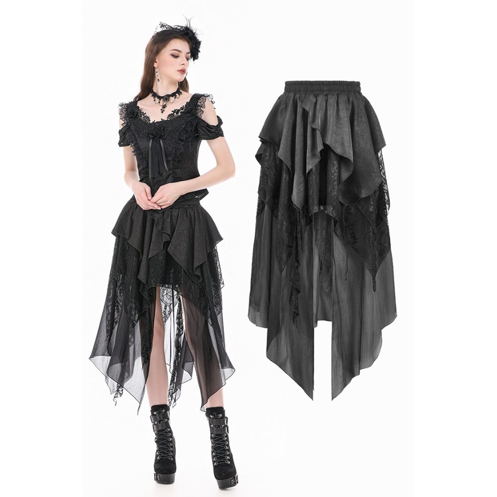 Dark in Love - Ruffled with Jacquard Texture and Irregular Tiered Lace Mesh Long skirt - Black